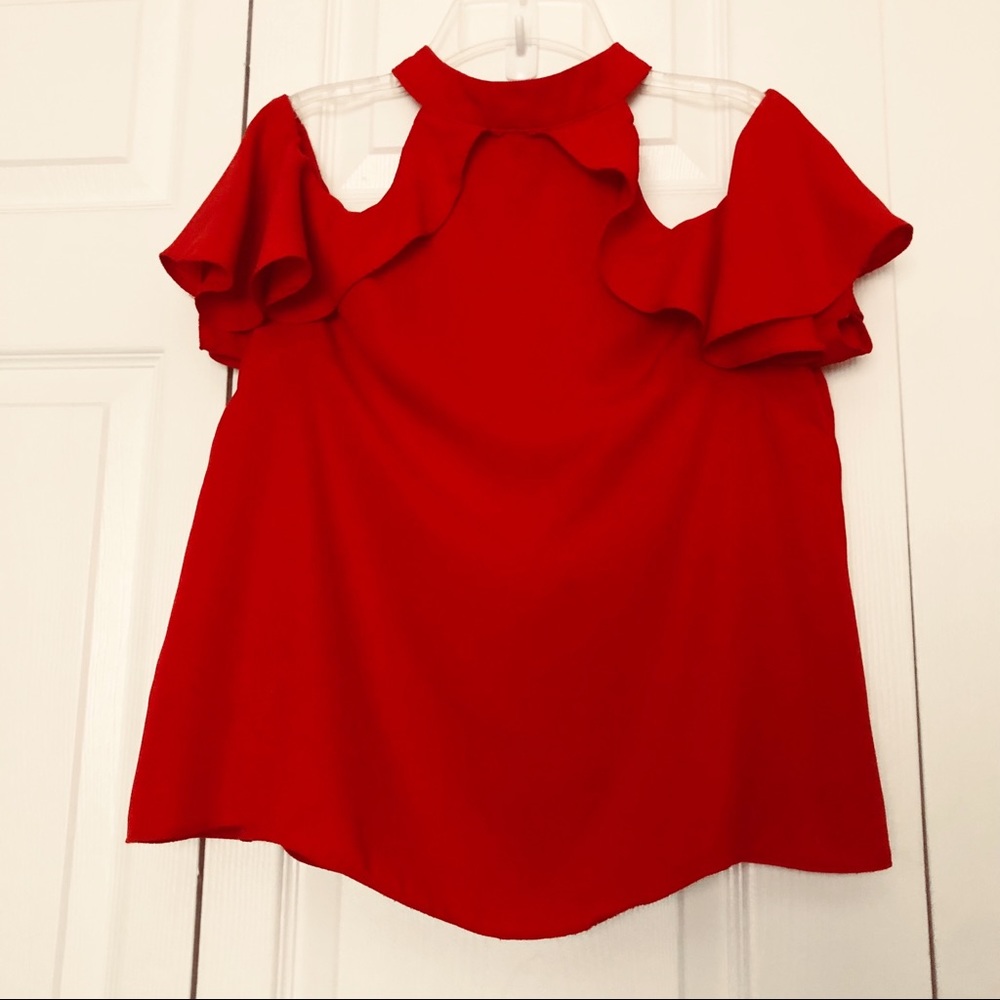 Haute Monde Red Cold Shoulder Blouse with Ruffles